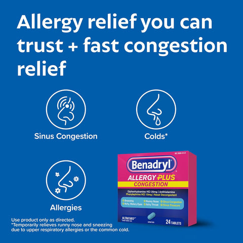 Benadryl Allergy Plus Congestion 24 Tabletas - Índigo72.com