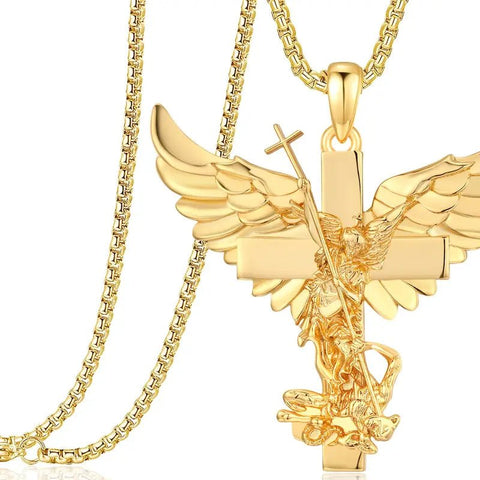 Cadena con Cruz de San Miguel Acero Inoxidable Baño Oro 24k - Indigo72.com