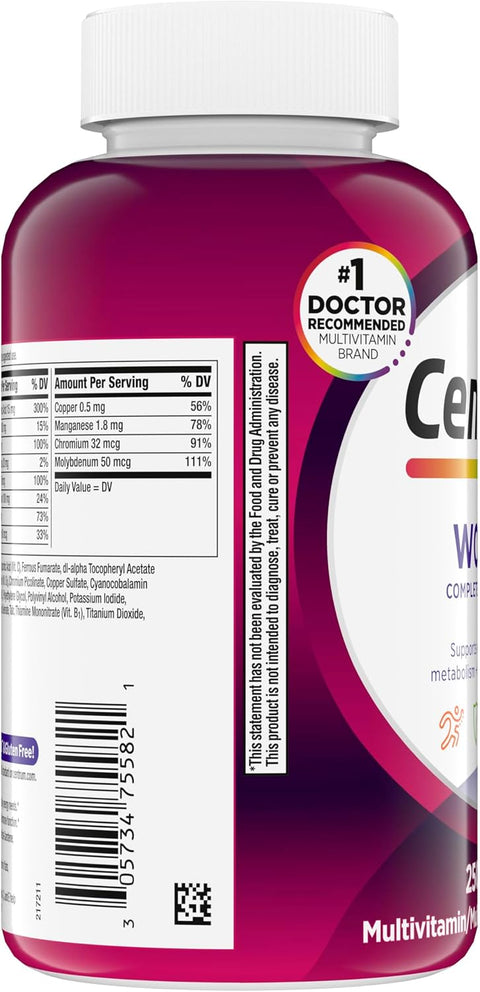 Centrum Multivitamínico para mujeres, suplemento multivitamínico/multimineral con hierro, vitamina D3, vitaminas B y vitaminas antioxidantes C y E, sin gluten, ingredientes sin OMG, 250 unidades - Indigo72.com