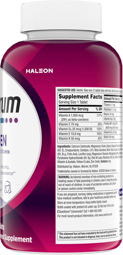 Centrum Multivitamínico para mujeres, suplemento multivitamínico/multimineral con hierro, vitamina D3, vitaminas B y vitaminas antioxidantes C y E, sin gluten, ingredientes sin OMG, 250 unidades - Indigo72.com
