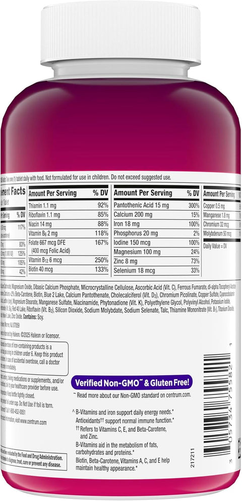Centrum Multivitamínico para mujeres, suplemento multivitamínico/multimineral con hierro, vitamina D3, vitaminas B y vitaminas antioxidantes C y E, sin gluten, ingredientes sin OMG, 250 unidades - Indigo72.com