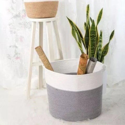 Cesta de Cuerda de Algodón con Asa Blanco/ Gris - Índigo72.com