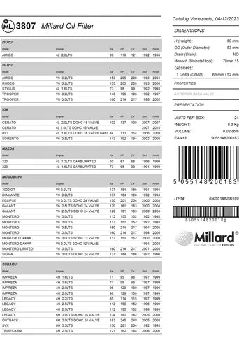 Filtro De Aceite 3807 (51334) Montero Dakar Sportage Honda - Indigo72.com