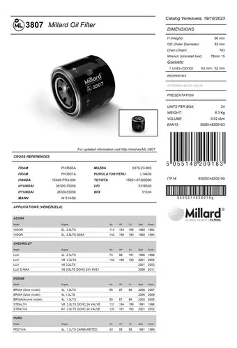 Filtro De Aceite 3807 (51334) Montero Dakar Sportage Honda - Indigo72.com