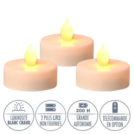 Set de 3 Velas Tea Light LED Luz cálida Batería incluida 100 Hrs - Índigo72.com