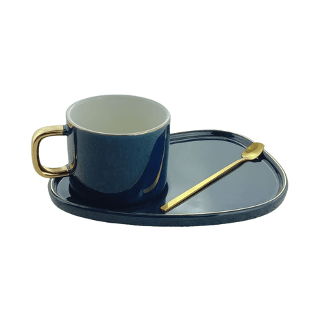 Taza con plato y cucharita Negra bordes dorados - Índigo72.com