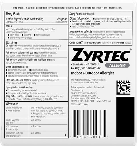 Zyrtec Antialérgico 24 horas Cetirizina 10mg 3 Pastillas - Índigo72.com