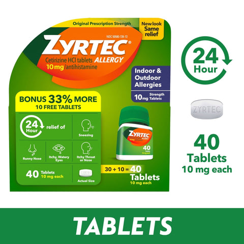 Zyrtec Antialérgico 24 horas Cetirizina 10mg 40 Pastillas - Indigo72.com